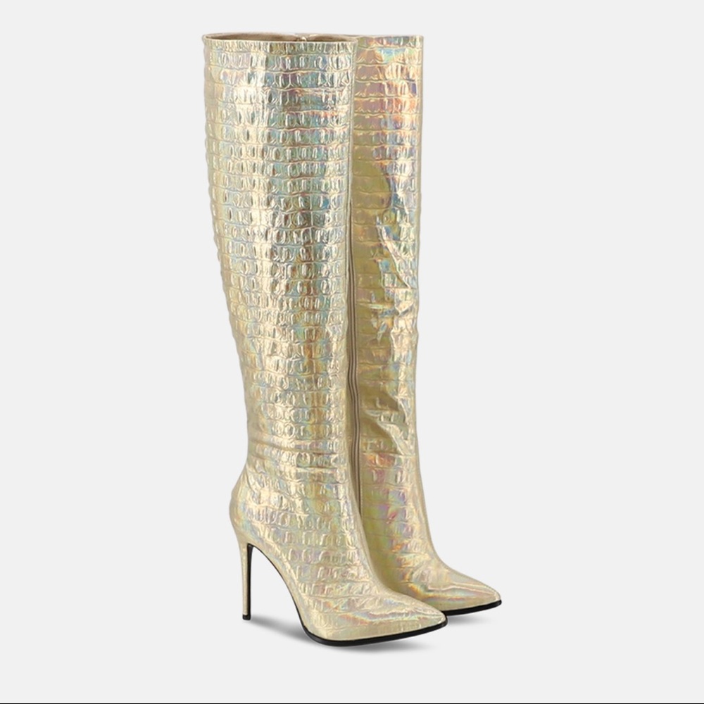 Women’s Knee High Pointed Toe Boots in Gold Holographic Faux Leather Croc Effect